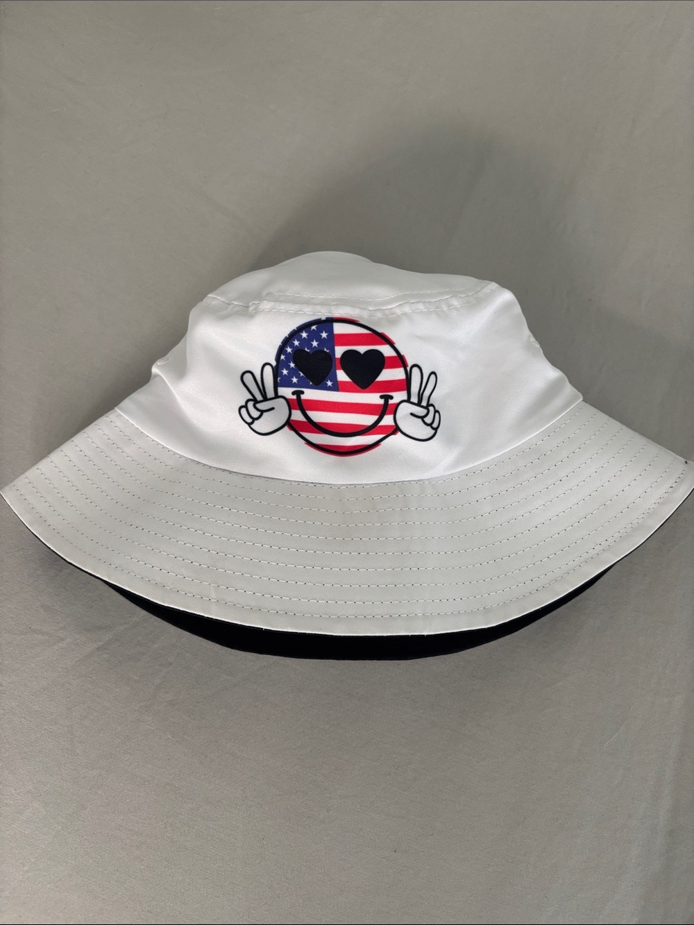 White Bucket Hat with USA Heart-Eyes Smiley